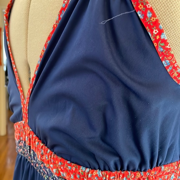 Vintage GODDESS DRESS 1970s Maxi blue & reds L - Picture 8 of 13